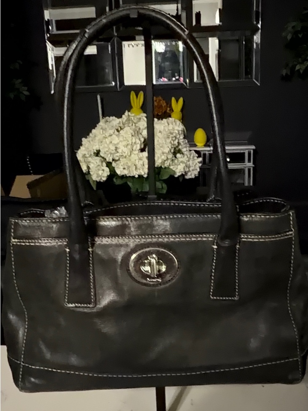 Coach Madeline Black Leather Double-Handle Satchel with Silver Turn-Lock